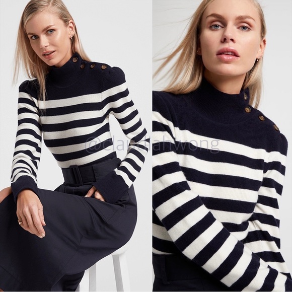 Goop G. LABEL Mindy Cashmere Wool Striped Turtleneck Sweater in Navy Cream - Picture 6 of 17
